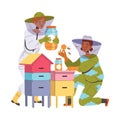 Equipped Man and Woman Beekeeper or Apiarist Gathering Sweet Honey from Beehive Vector Illustration