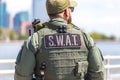 Equipped swat soldier standing on a peir Royalty Free Stock Photo