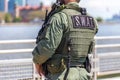 Equipped swat soldier standing on a peir Royalty Free Stock Photo
