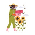 Equipped Woman Beekeeper or Apiarist Carrying Boxes Gathering Sweet Honey from Beehive Vector Illustration