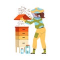 Equipped Woman Beekeeper or Apiarist with Jars Gathering Sweet Honey from Beehive Vector Illustration