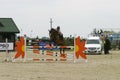 Equitation contest, horse jumping over an obstacle Royalty Free Stock Photo