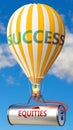 Equities and success - shown as word Equities on a fuel tank and a balloon, to symbolize that Equities contribute to success in Royalty Free Stock Photo