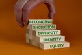 Equity, identity, diversity, inclusion, belonging symbol. Wooden blocks with words identity, equity, diversity, inclusion, Royalty Free Stock Photo