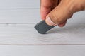Eraser and error concept, Hand with black eraser on white table Royalty Free Stock Photo