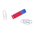 Eraser paperclips flat design. Stationery office supplies vector