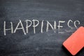 Erasing happiness, hand written word on blackboard being erased