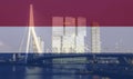 Erasmus bridge on Meuse river, Rotterdam at night superimposed with a Dutch flag