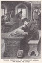 Vintage illustration of young Erasmus in his monastery among books he loved