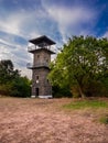 Erbenova vyhlidka - The Erben`s lookout tower. On the oval shield is the coat of arms of the city. Above the entrance is the nam Royalty Free Stock Photo