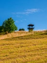 Erbenova vyhlidka - The top of the Erben`s lookout tower protrudes above the horizon with a semi-dry meadow Royalty Free Stock Photo