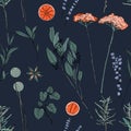 Erbs hand drawn background. Seamless pattern on dark blue background