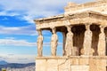 The Erechtheion or Erechtheum is an ancient Greek temple of the Acropolis of Athens in Greece Royalty Free Stock Photo