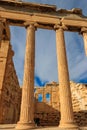 Erechtheion (Erechtheum) or Temple of Athena Polias is ancient Greek Ionic temple on north side of Acropolis in Athens Royalty Free Stock Photo