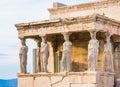 Erechtheion temple in Acropolis of Athens in Greece close up with Caryatids