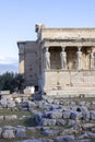 Erechtheion, Temple of Athena Polias on Acropolis of Athens, Greece. View of The Porch of the Maidens with statues of caryatids