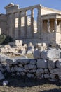 Erechtheion, Temple of Athena Polias on Acropolis of Athens, Greece. View of The Porch of Maidens with statues of caryatids Royalty Free Stock Photo