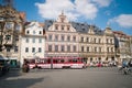 Erfurt, Germany. April 7, 2019. Beautiful old architecture and a modern red tram in the city center Royalty Free Stock Photo