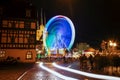 Erfurt, Germany. December 22, 2018. Bright Ferris wheel in motion in the city center. Christmas time. Blurred, abstract