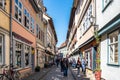 Erfurt, Germany - May 13, 2023: Merchants Bridge, Kraemerbruecke in Erfurt, Germany, built over entirely with houses