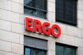 Ergo logo on a facade. ERGO is a group of insurance companies owned by Munich Re and one of the largest insurance groups in Europe