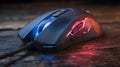Ergonomic computer mouse with glowing accents on a textured wooden surface Royalty Free Stock Photo