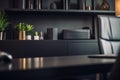 Ergonomic elegant luxury workplace. Modern black furniture, leather chair, empty desk table. Comfortable home office for Royalty Free Stock Photo