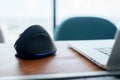 Ergonomic mouse on desk at workplace, prevention wrist pain because working long time. De Quervain s tenosynovitis, Intersection