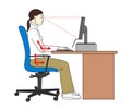 Ergonomic position sitting posture. Correct seat when using a compter. Woman at her workplace. Vector illustration. Royalty Free Stock Photo