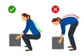 Ergonomics - correct posture of a woman to lift a heavy object