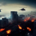 erial view police station surrounded by zombie horde helicopter descending from the sky realistic high contrast 8k test