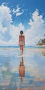 Eric Walking Alone: Beach Painting With Chrome Reflections And Flat Figuration Royalty Free Stock Photo