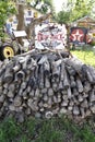 Wood Pile outside The Sandhills Curiosity Shop with memorabilia and vintage metal signs. Erick, OK, USA.