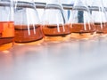 The Erlenmeyer or Conical flask on bench laboratory, with gradient solvent for analysis concentration range of total iron. Royalty Free Stock Photo