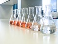 The Erlenmeyer or Conical flask on bench laboratory, with gradient solvent for analysis concentration range of total iron. Royalty Free Stock Photo