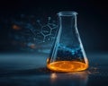 Erlenmeyer flask blue orange liquid chemistry laboratory glassware glow science Royalty Free Stock Photo