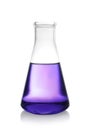 Erlenmeyer flask with color liquid isolated on white. Royalty Free Stock Photo