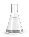 Erlenmeyer Flask Filled by Clear Transparent Liquid Isolated on White.