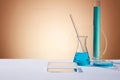 An erlenmeyer flask with a glass rod inside, test tube and petri dish filled with blue fluid