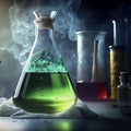 Erlenmeyer flask with a green bubbling boiling rushing vaporous liquid close-up, made with generative ai Royalty Free Stock Photo