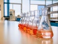 The Erlenmeyer flask in the line with color range solvent using for analysis calibration curve of iron in waste water sample