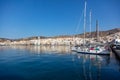 Ermoupoli Syros island Cyclades, Greece. Moored yacht, waterfront building, sunny day, blue sky