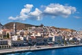 Ermoupoli town, Syros island, Greece, orthodox church of Resurrection of Christ, colorful houses, summer sun, vacation