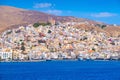 Ermoupolis town, Greece. A town on the side of a mountain. Houses and streets in Greek architecture.