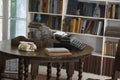 Ernest Hemingway`s original typewriter sitting on his table in his writing room in Key West, Florida. Royalty Free Stock Photo