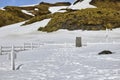 Ernest Shackleton\'s funerary stele under snow, Grytviken cemetery, South Georgia and the Sandwich Islands, Antarctica Royalty Free Stock Photo