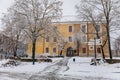 Ernestinum Castle, Narrow picturesque street with renaissance historical baroque and renaissance buildings in old town, snow in