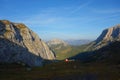 The Ernesto Lomasti mountain hut next to the Cavallo di Pontebba and Creta di Aip mountain range, Alps