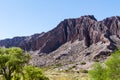 Eroded mountains in the Argentine Andes and green vegetation