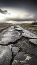 Eroded road meandering through a desolate rural landscape beneath a dramatic overcast sky Royalty Free Stock Photo